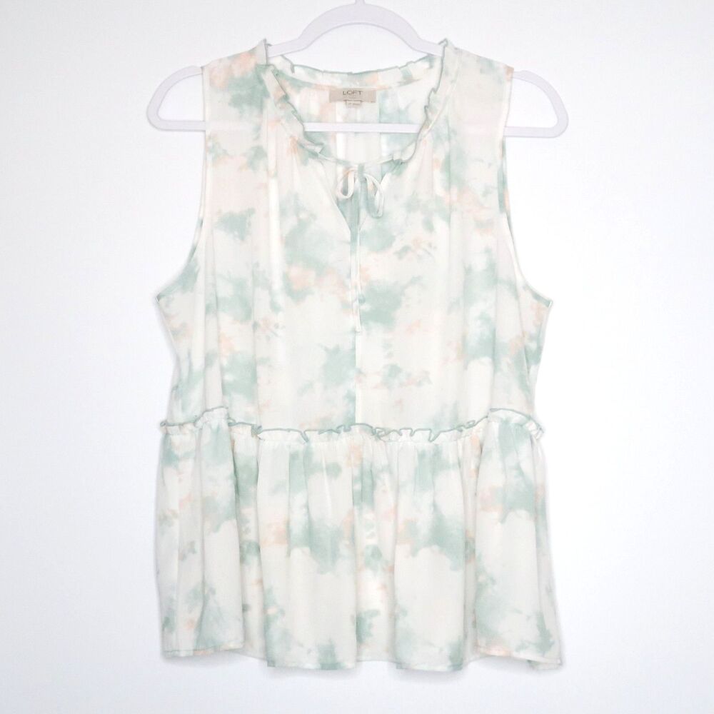 Loft Outlet Womens Sleeveless Blouse Size Large‎ Petite Teal White Ruffle Peplum